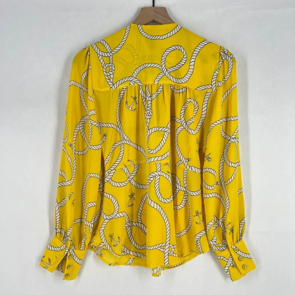 Cabi Reef Knot Blouse Womens Small Yellow Nautical Rope Anchor V Neck Pleated - Picture 9 of 16